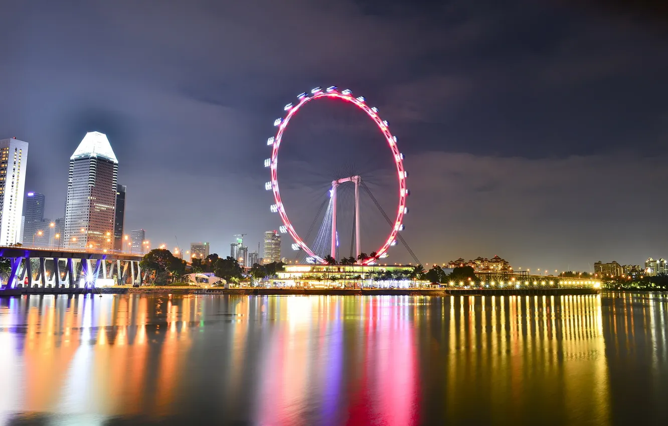 Photo wallpaper water, night, lights, reflection, Singapore, Ferris wheel