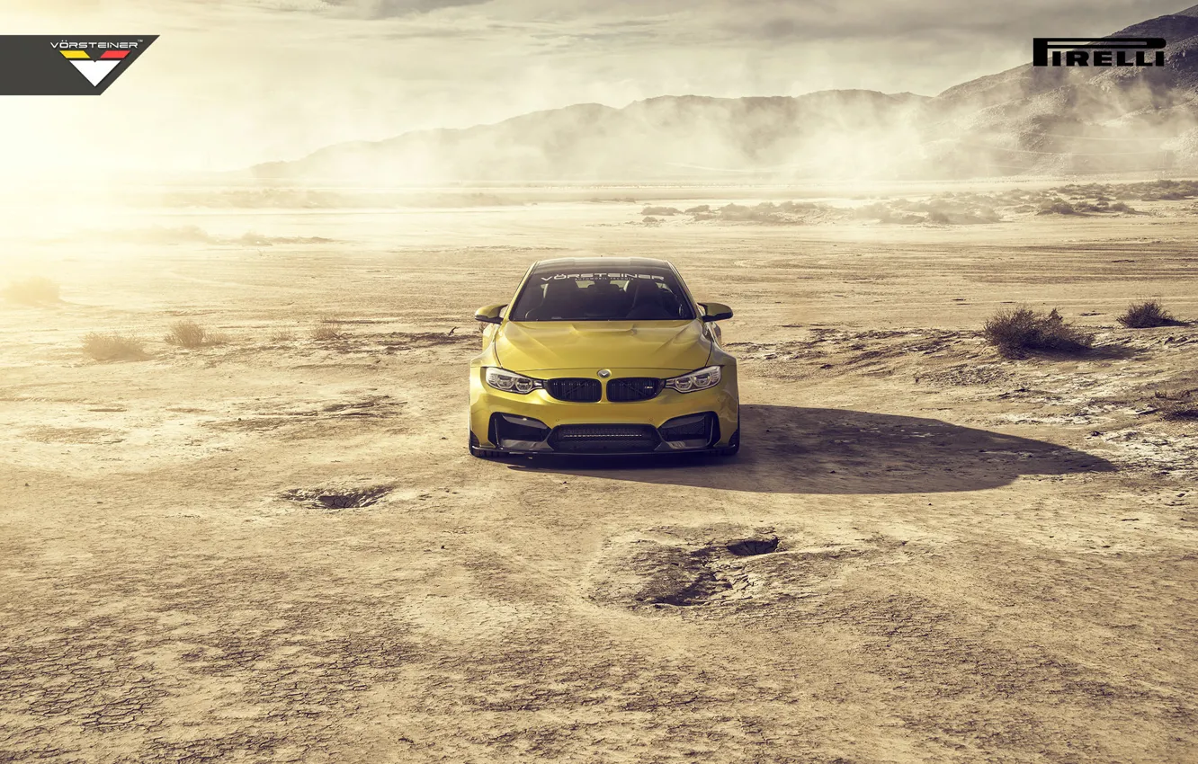 Photo wallpaper BMW, Car, Front, Vorsteiner, Yellow, Pirelli, Wheels, Desert
