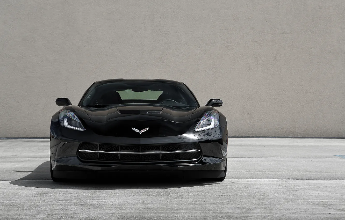 Photo wallpaper black, black, the front, Corvette, stingray, running lights, chevrole, chevroletcorvette
