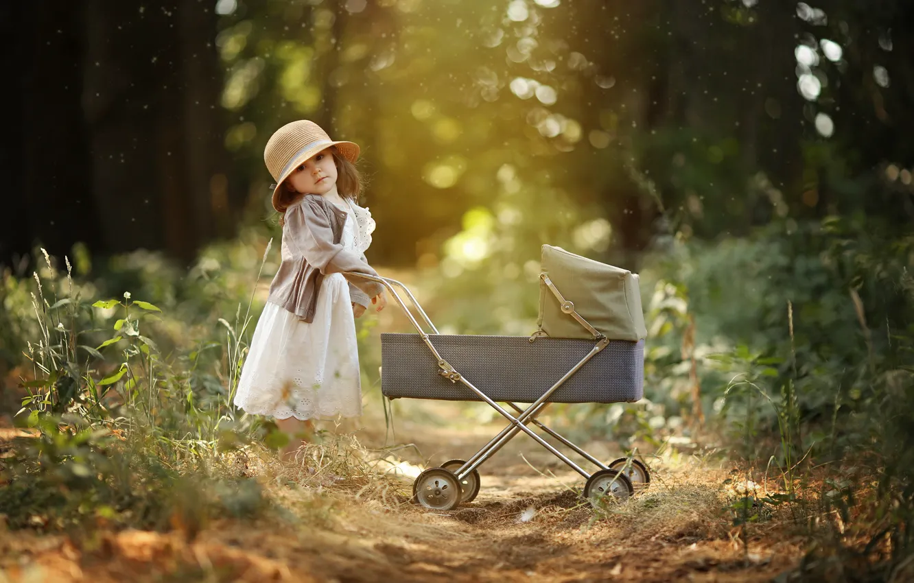 Photo wallpaper nature, toy, the game, dress, girl, stroller, hat, child