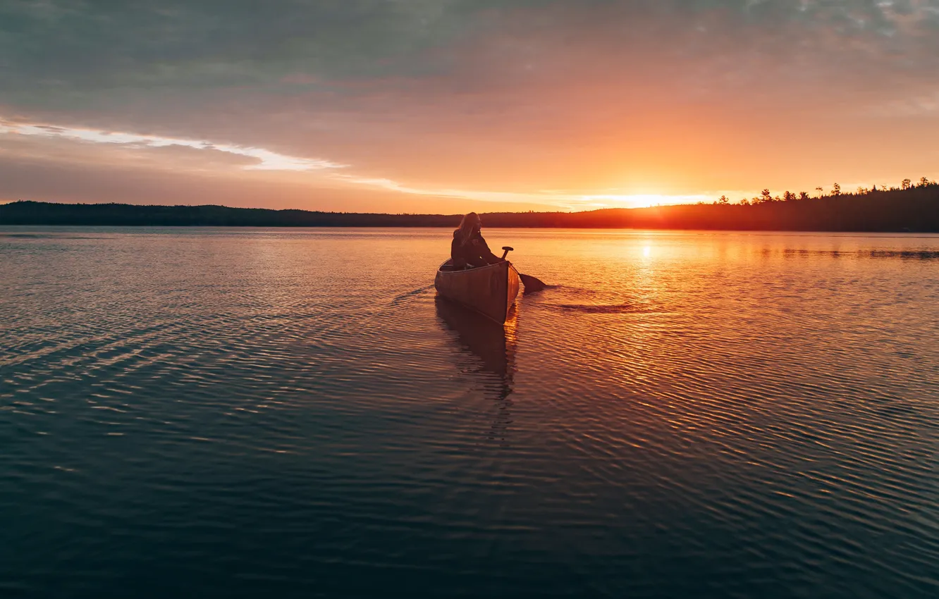 Photo wallpaper girl, light, sunset, mood, dawn, boat, swimming
