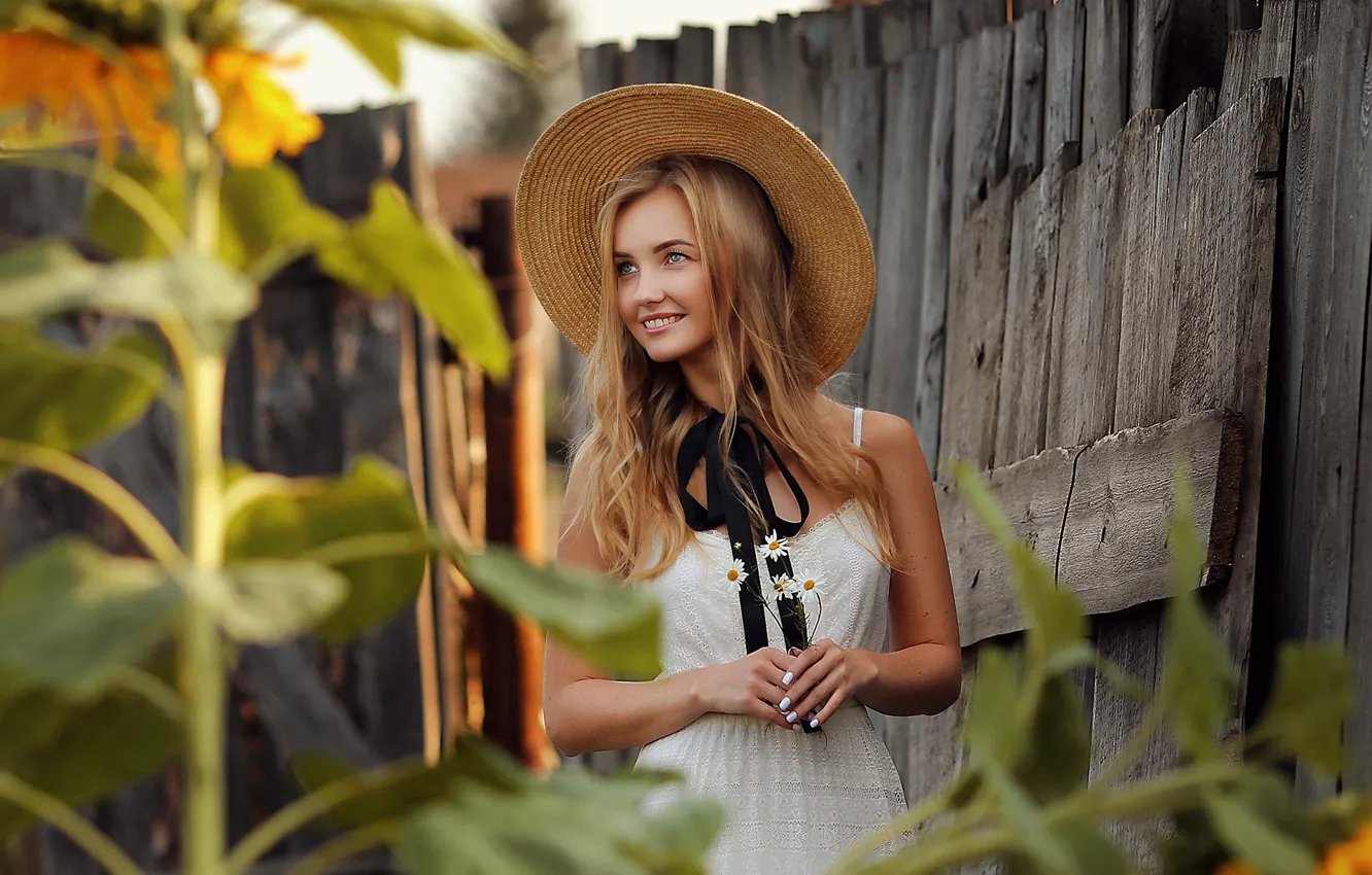 Photo wallpaper dress, hat, flowers, model, fence, women, blonde, white dress