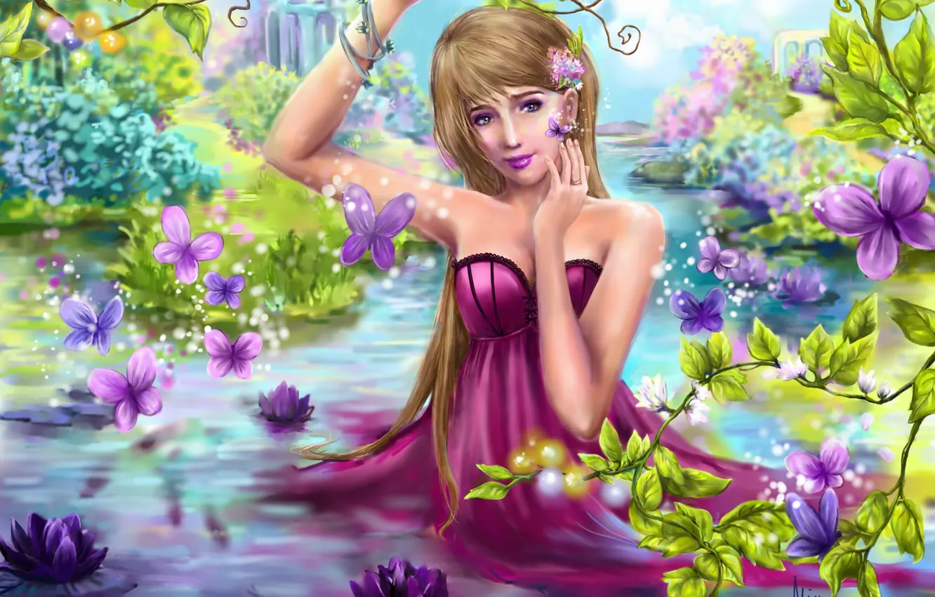 Photo wallpaper summer, look, leaves, girl, trees, flowers, nature, fiction