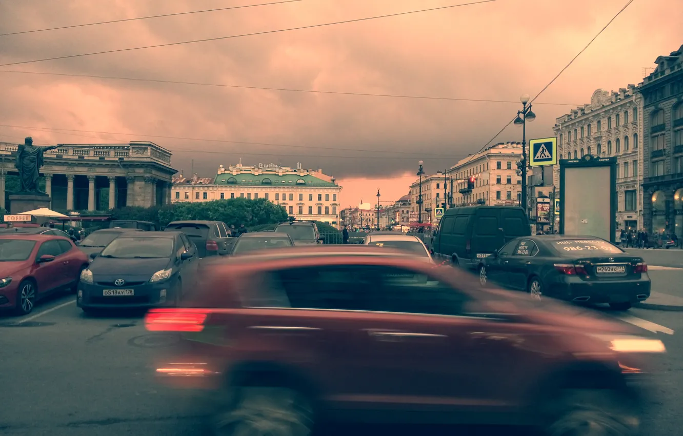 Photo wallpaper machine, sunset, clouds, the city, excerpt, Kazan Cathedral