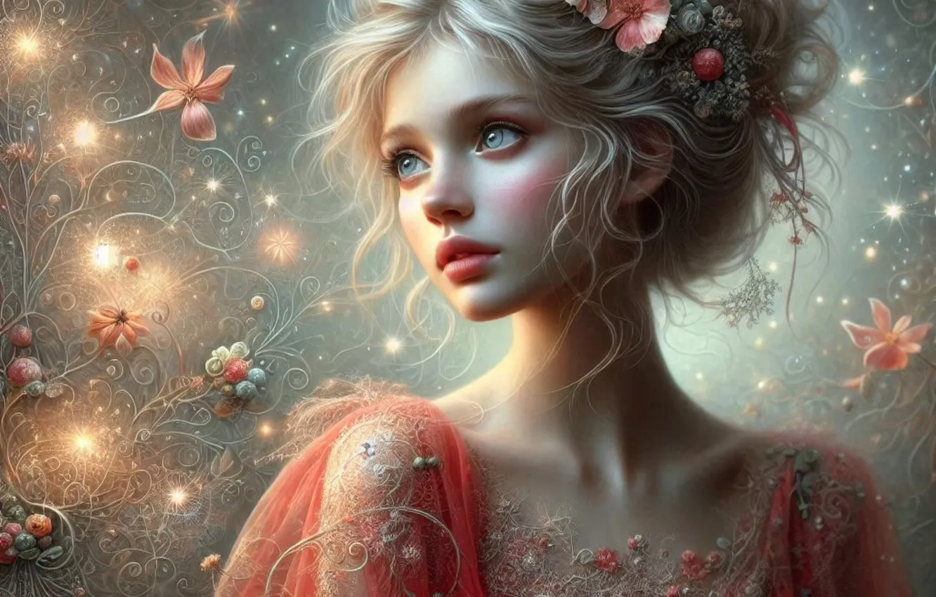 Photo wallpaper look, girl, light, flowers, lights, pattern, curls, portrait