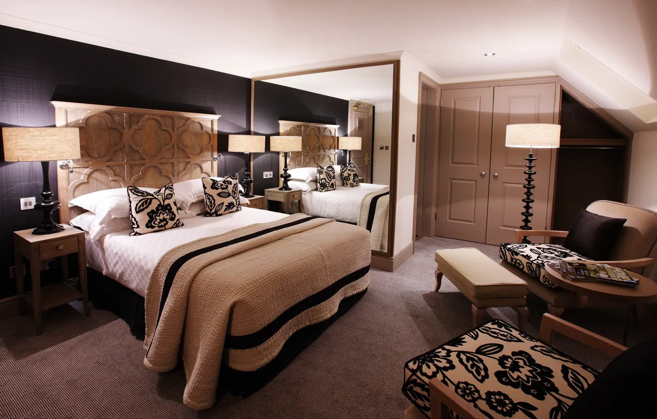 Photo wallpaper white, design, style, room, tree, black, bed, interior