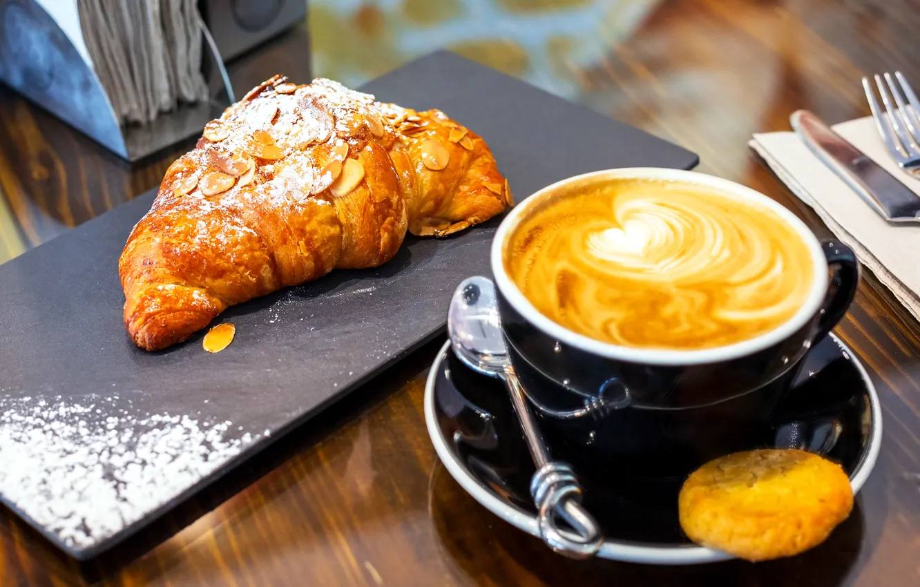 Photo wallpaper coffee, cappuccino, cakes, coffee, croissant, baking