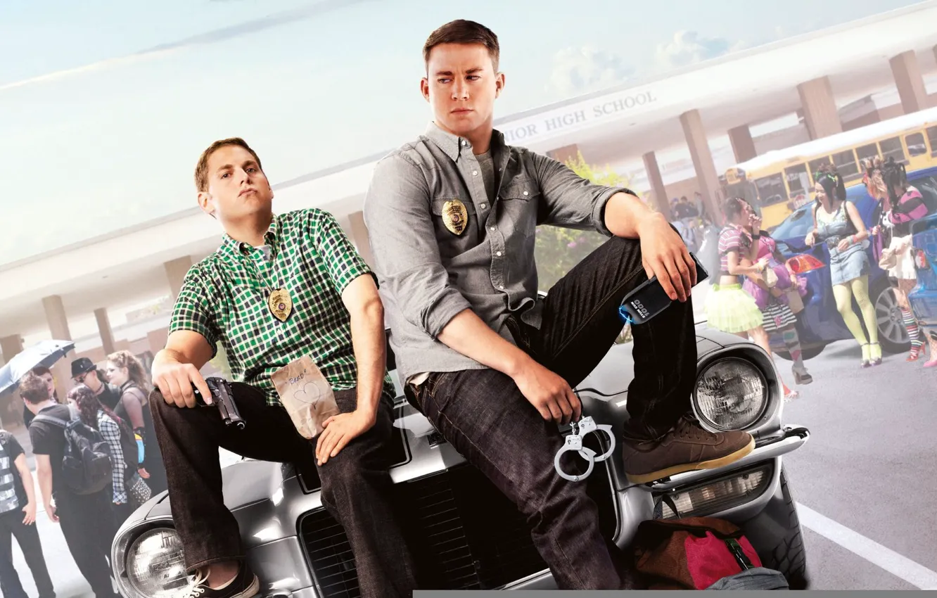 Photo wallpaper gun, collage, icon, police, cars, handcuffs, COP, Jonah Hill