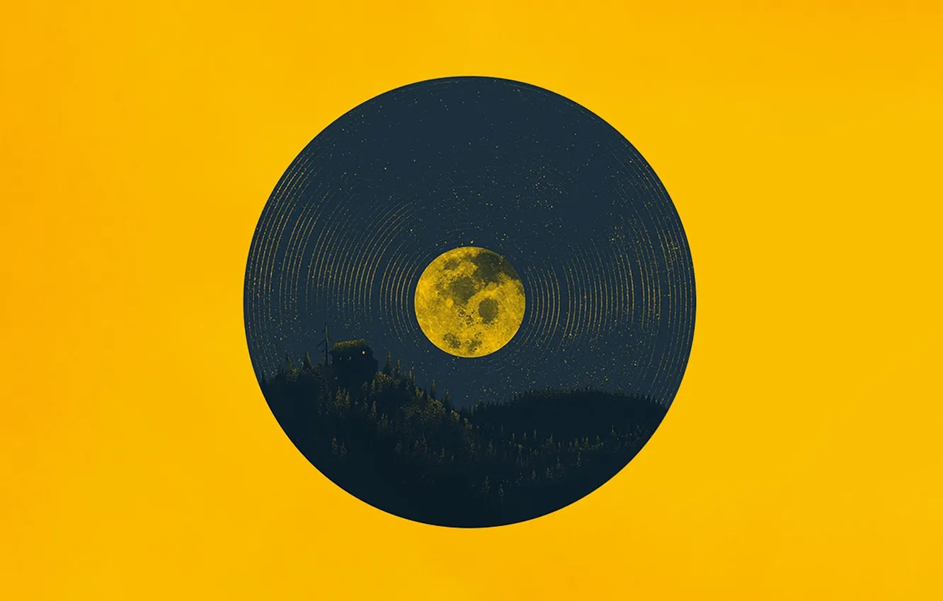 Photo wallpaper mountains, the moon, minimalism, moon, mountains, yellow background, Minimalism, yellow background