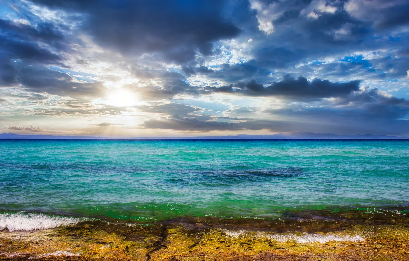 Photo wallpaper sea, beach, the sky, the sun, clouds, light, clouds, shore
