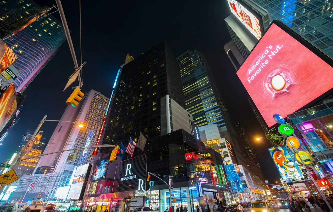 Photo wallpaper car, machine, light, night, street, traffic light, New York, night