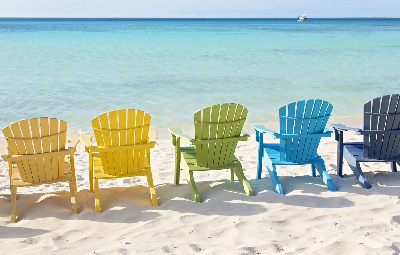 Photo wallpaper sand, sea, mood, shore, chairs