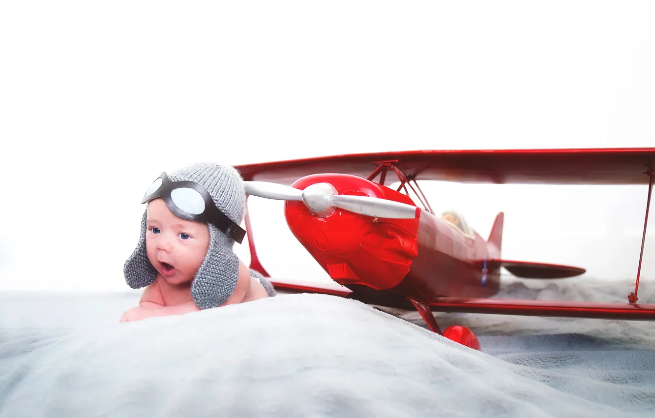 Photo wallpaper baby, the airplane, the plane, child, pilot, baby, headset