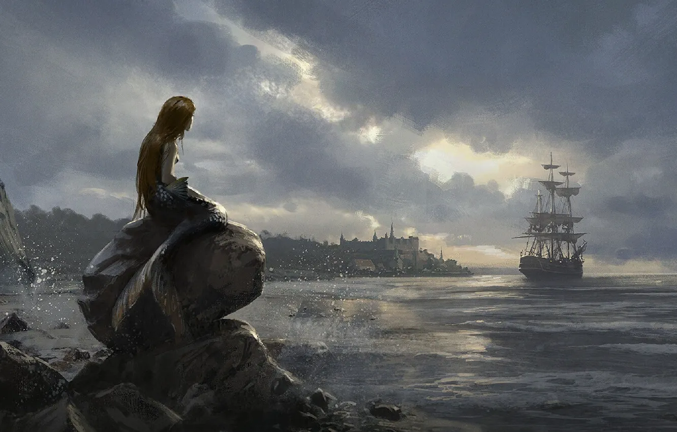 Photo wallpaper sea, stones, hair, ship, mermaid, sailboat, tail, sitting