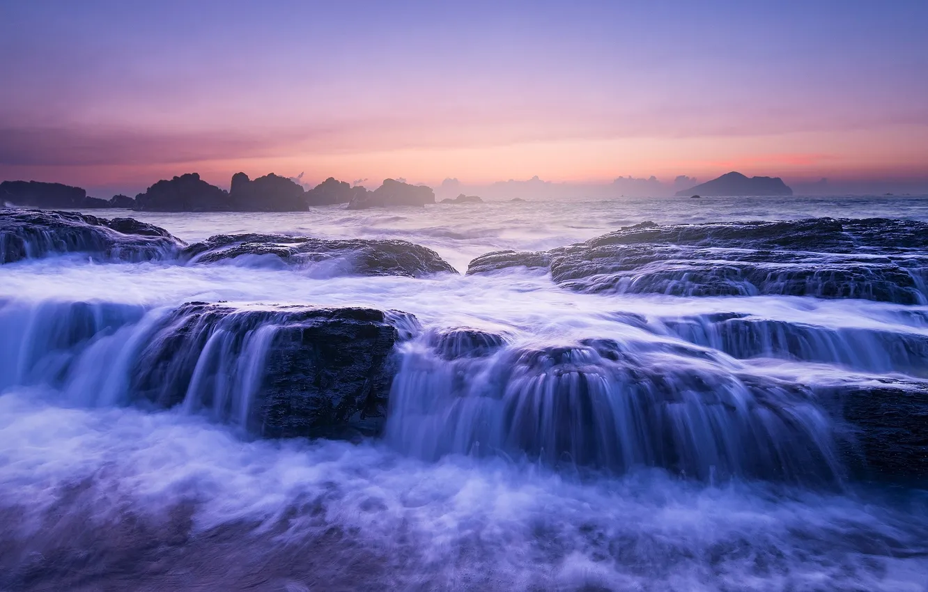 Photo wallpaper sea, wave, rocks, shore, waterfall, stream, the color purple