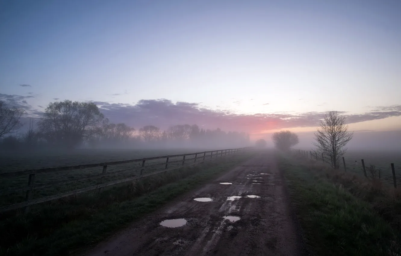 Photo wallpaper road, fog, morning