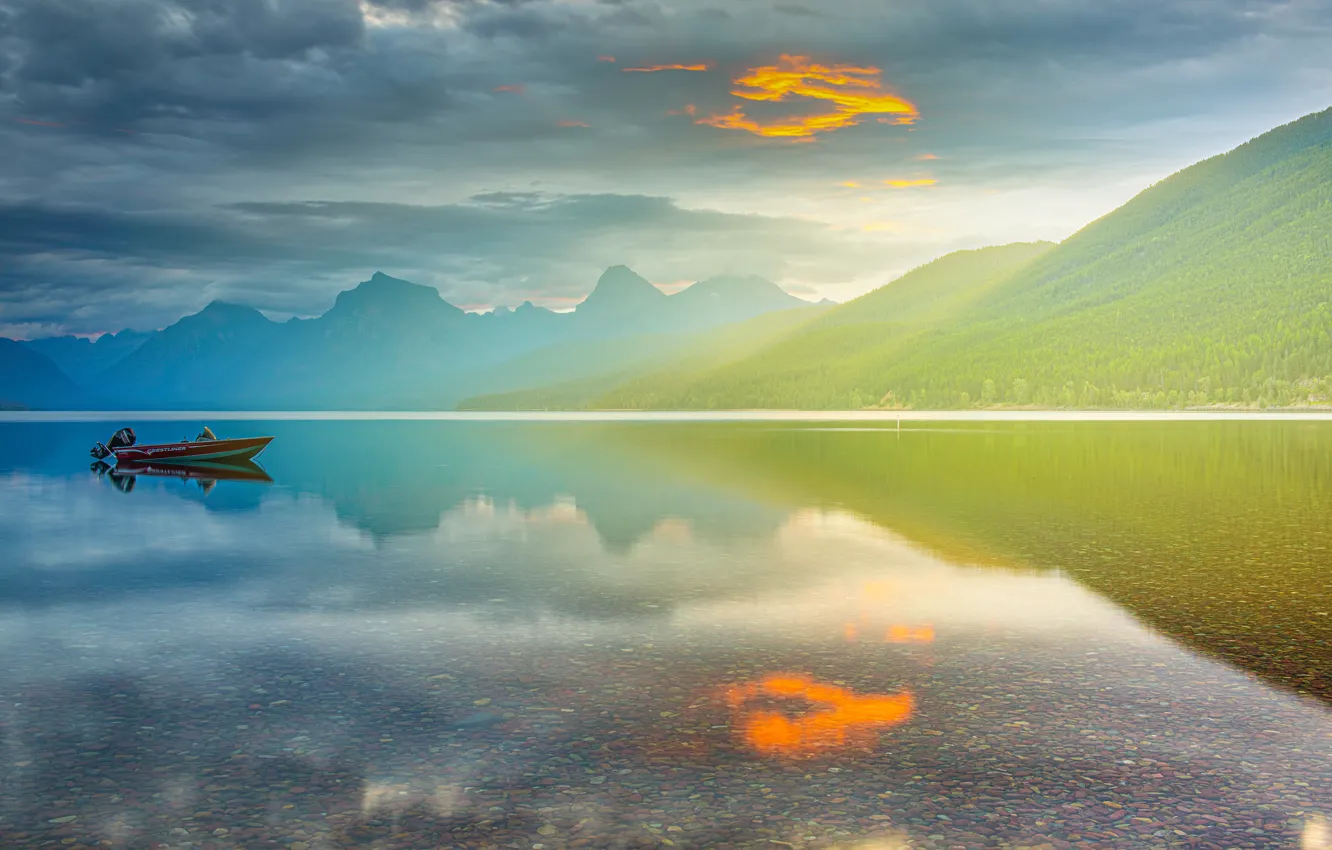 Photo wallpaper forest, the sky, clouds, mountains, fog, lake, reflection, shore