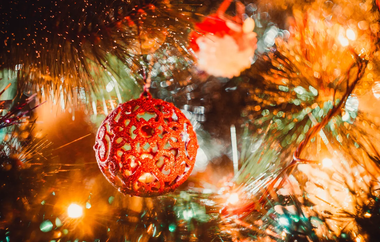 Photo wallpaper yellow, red, holiday, balls, tree, New Year, Ball, golden