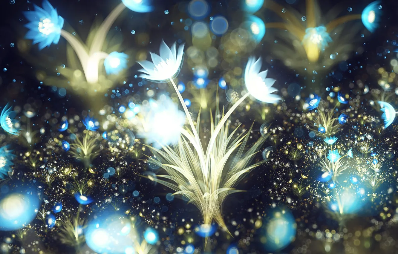 Photo wallpaper grass, light, flowers, abstraction, petals