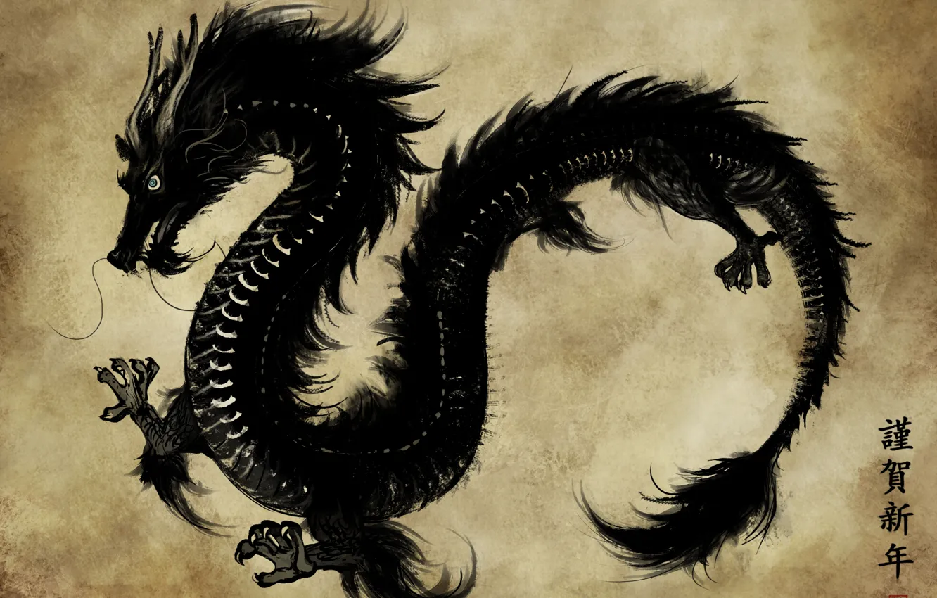 Photo wallpaper paper, black, dragon, Asia, figure, art, characters, parchment