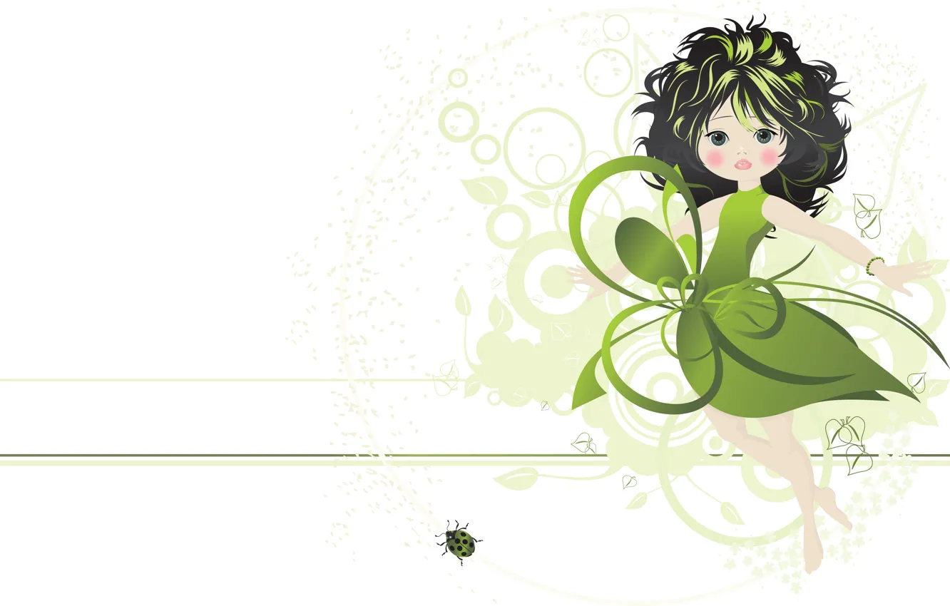 Photo wallpaper summer, girl, ladybug, vector, art, leaves, fake