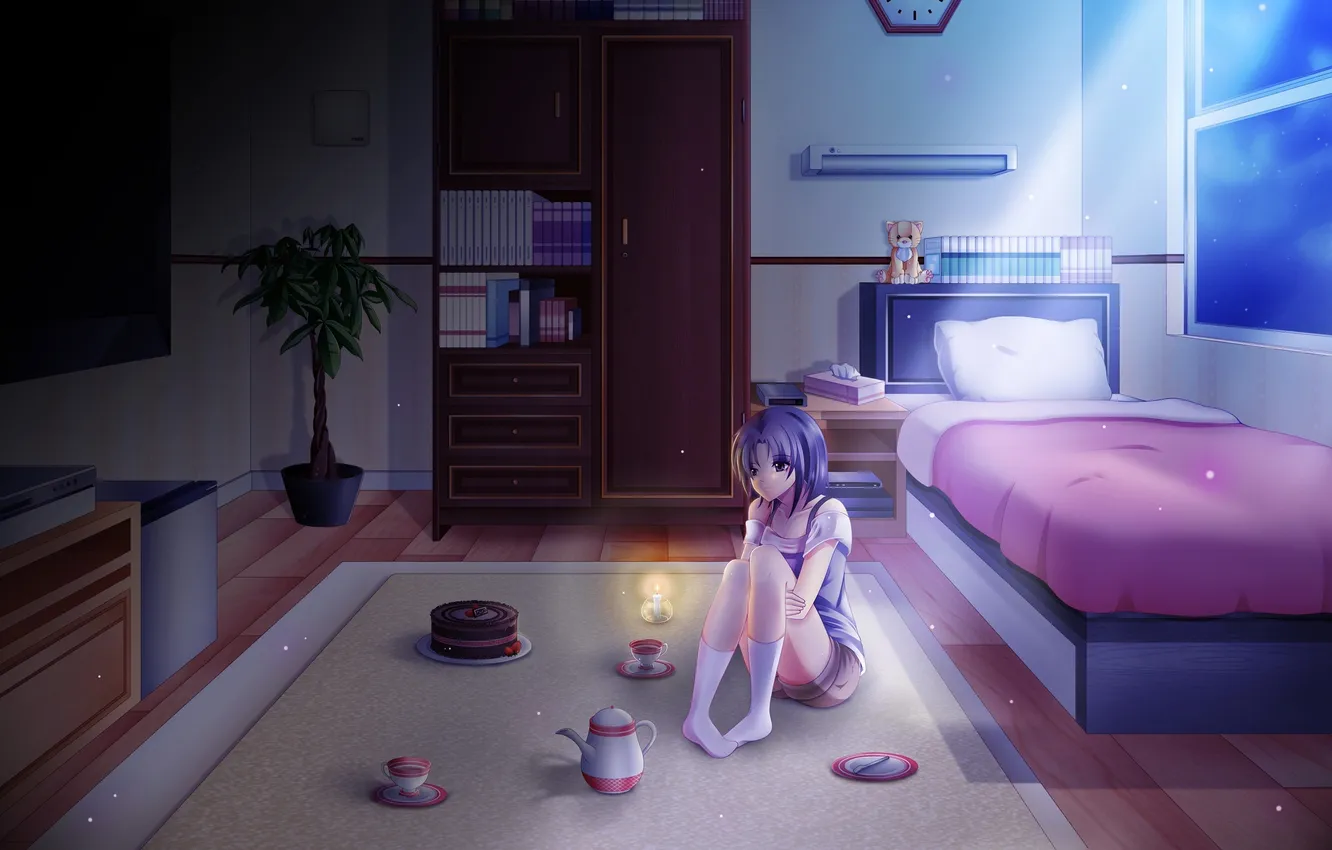 Photo wallpaper room, mood, candles, anime, art, girl