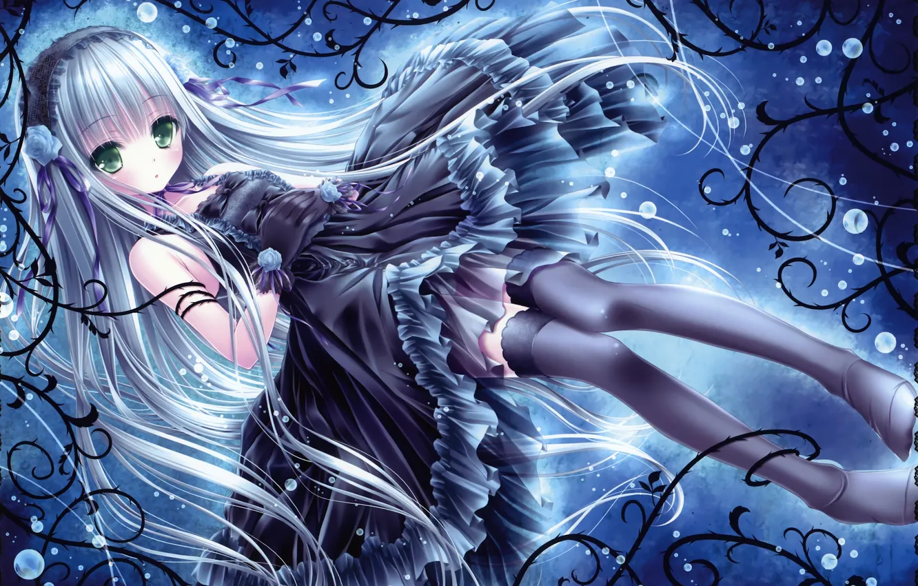 Photo wallpaper bubbles, pattern, dress, gloves, headdress, blue hair