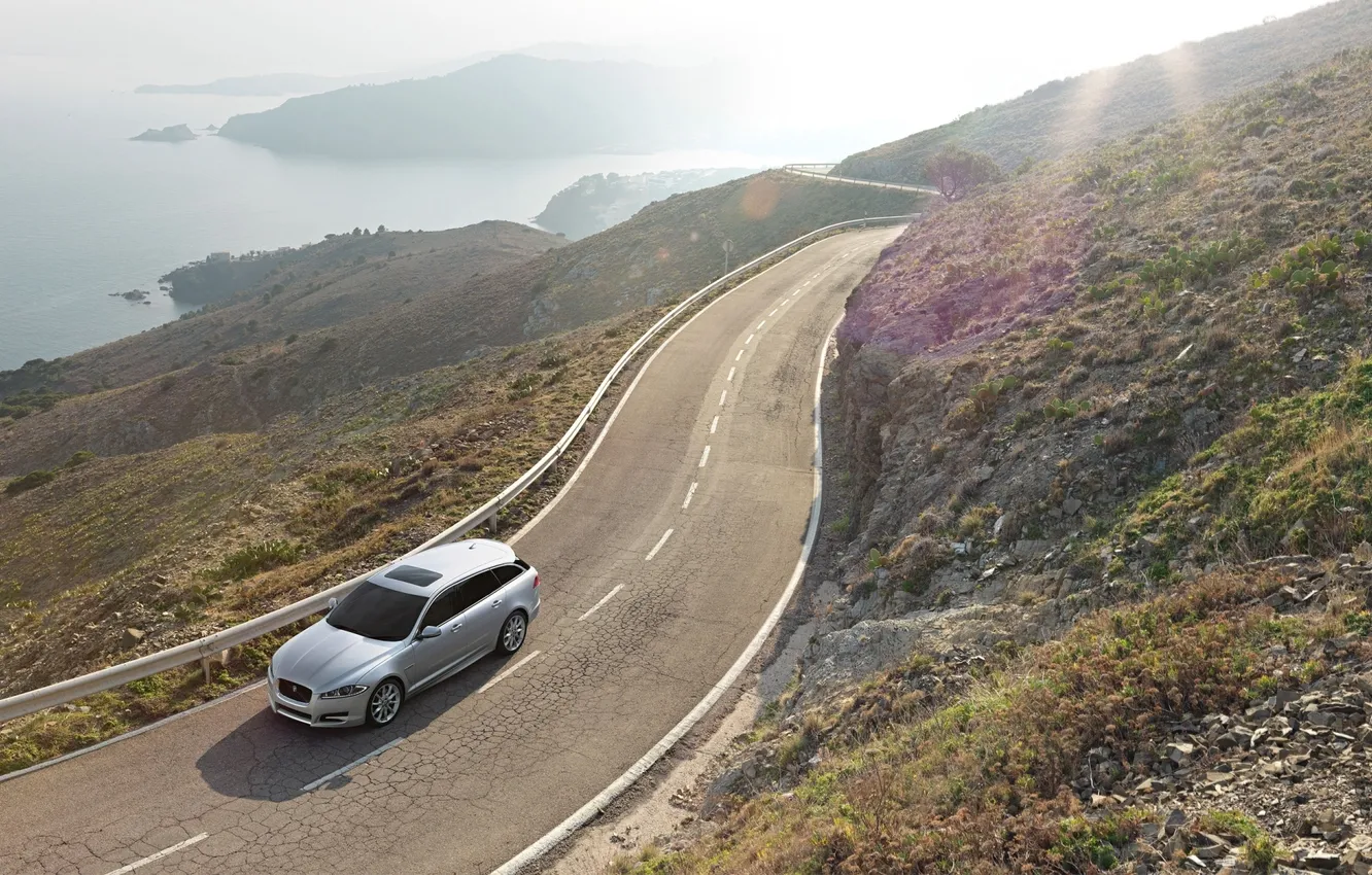 Photo wallpaper water, Jaguar, silver, Jaguar, the front, view, universal, Sportbrake