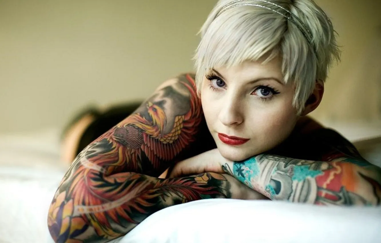 Photo wallpaper girl, hair, tattoo, blonde, tattoo, hair, bed, short