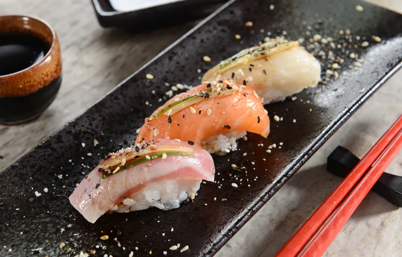 Photo wallpaper fish, rolls, sushi, sushi, fish, rolls, spices, Japanese cuisine