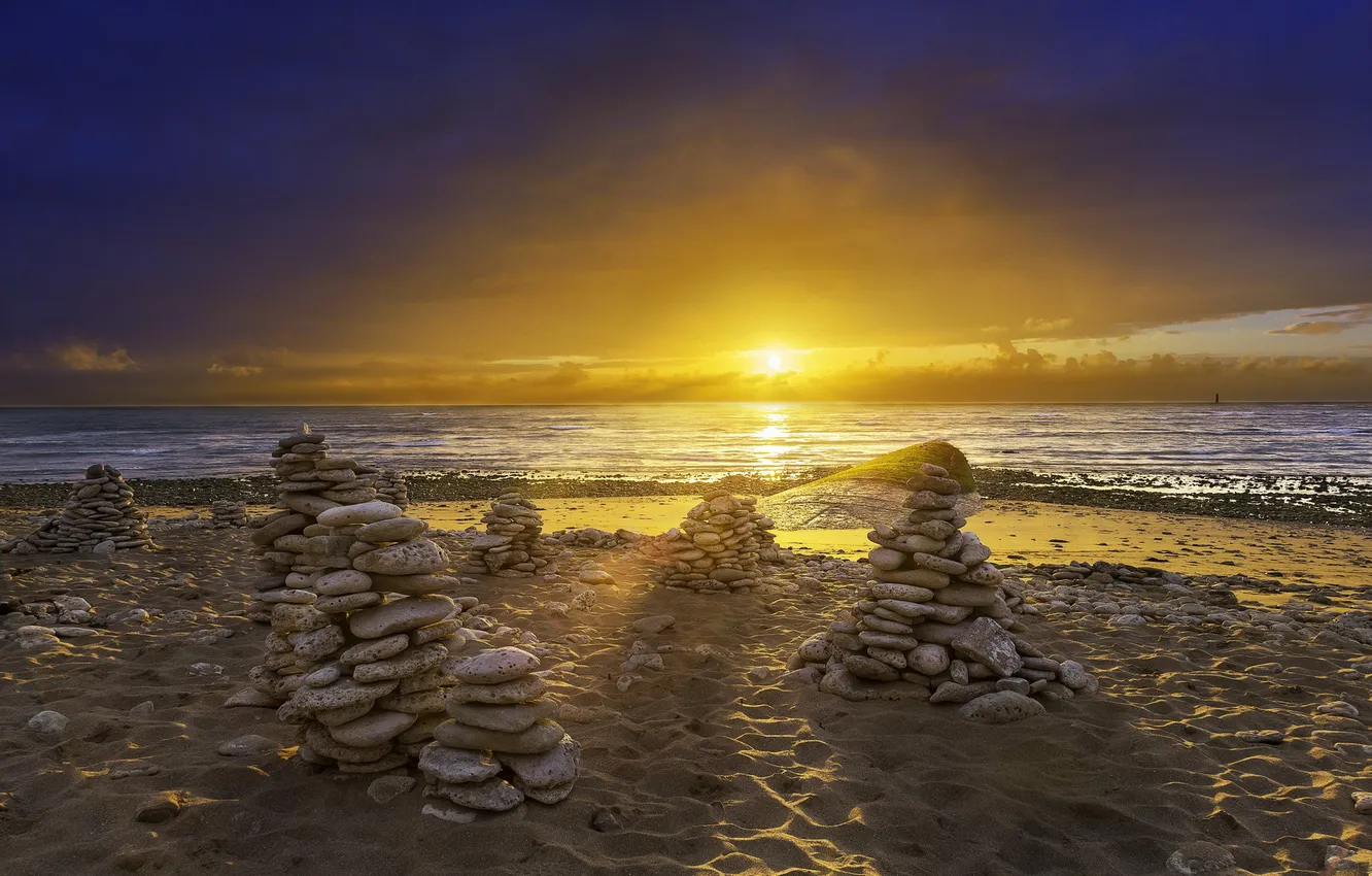 Photo wallpaper sea, landscape, sunset, stones