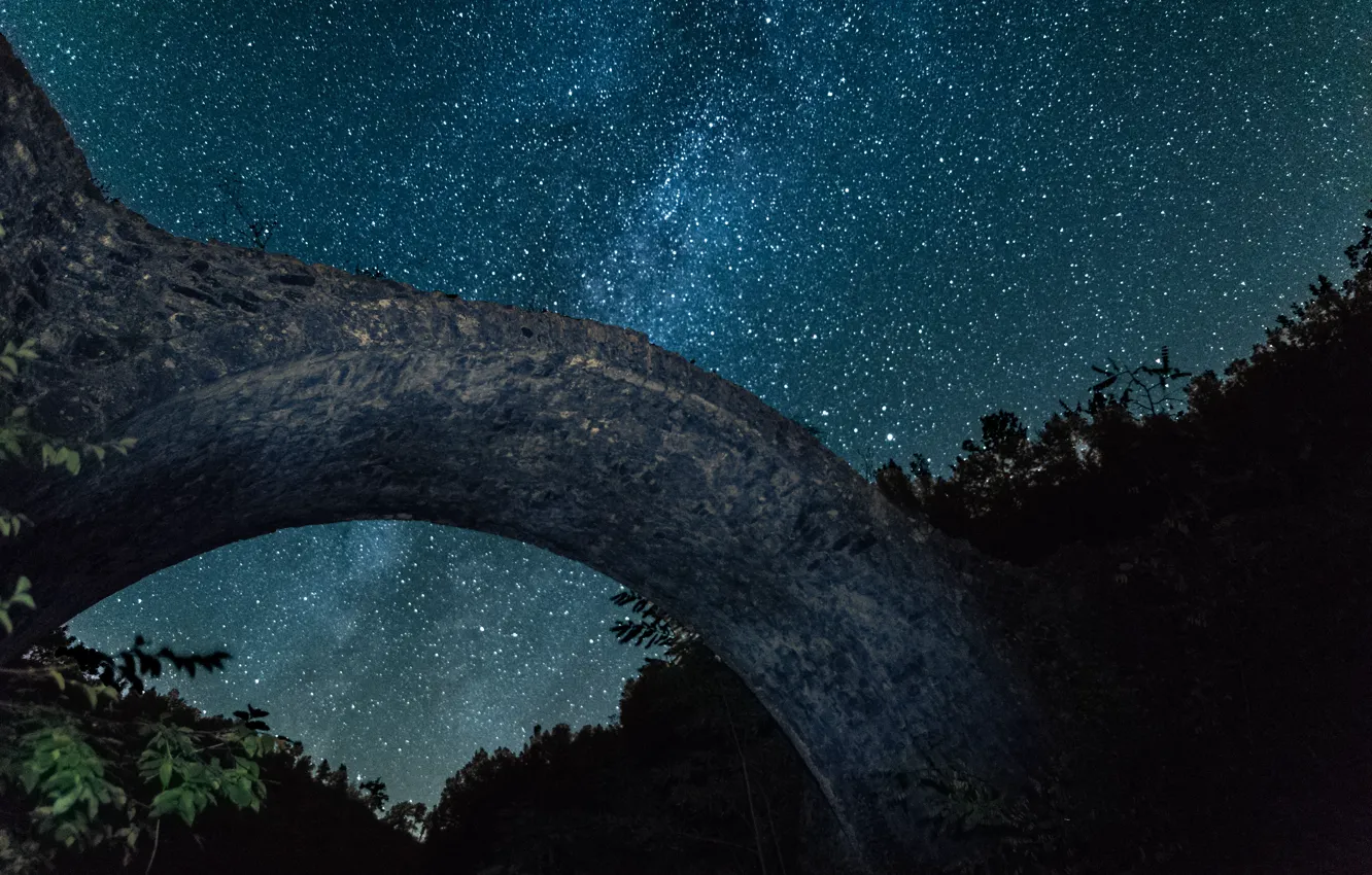 Photo wallpaper river, bridge, Milky Way