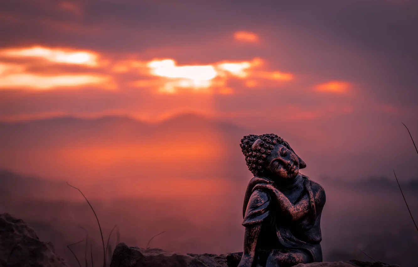 Photo wallpaper the sky, macro, sunset, figurine, figures, Buddha