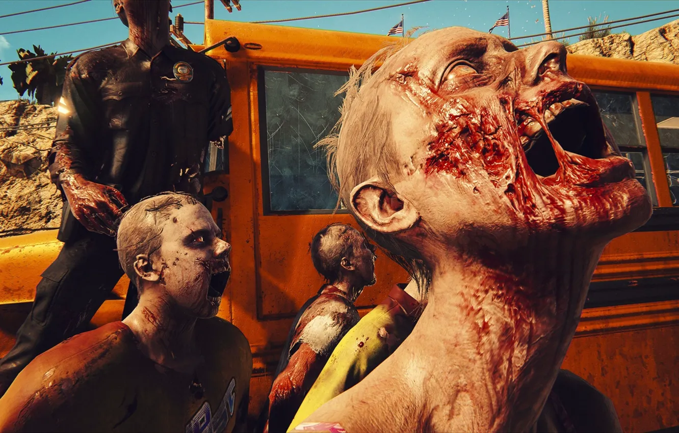 Photo wallpaper city, zombie, blood, game, shield, cop, school bus, Dead Islad
