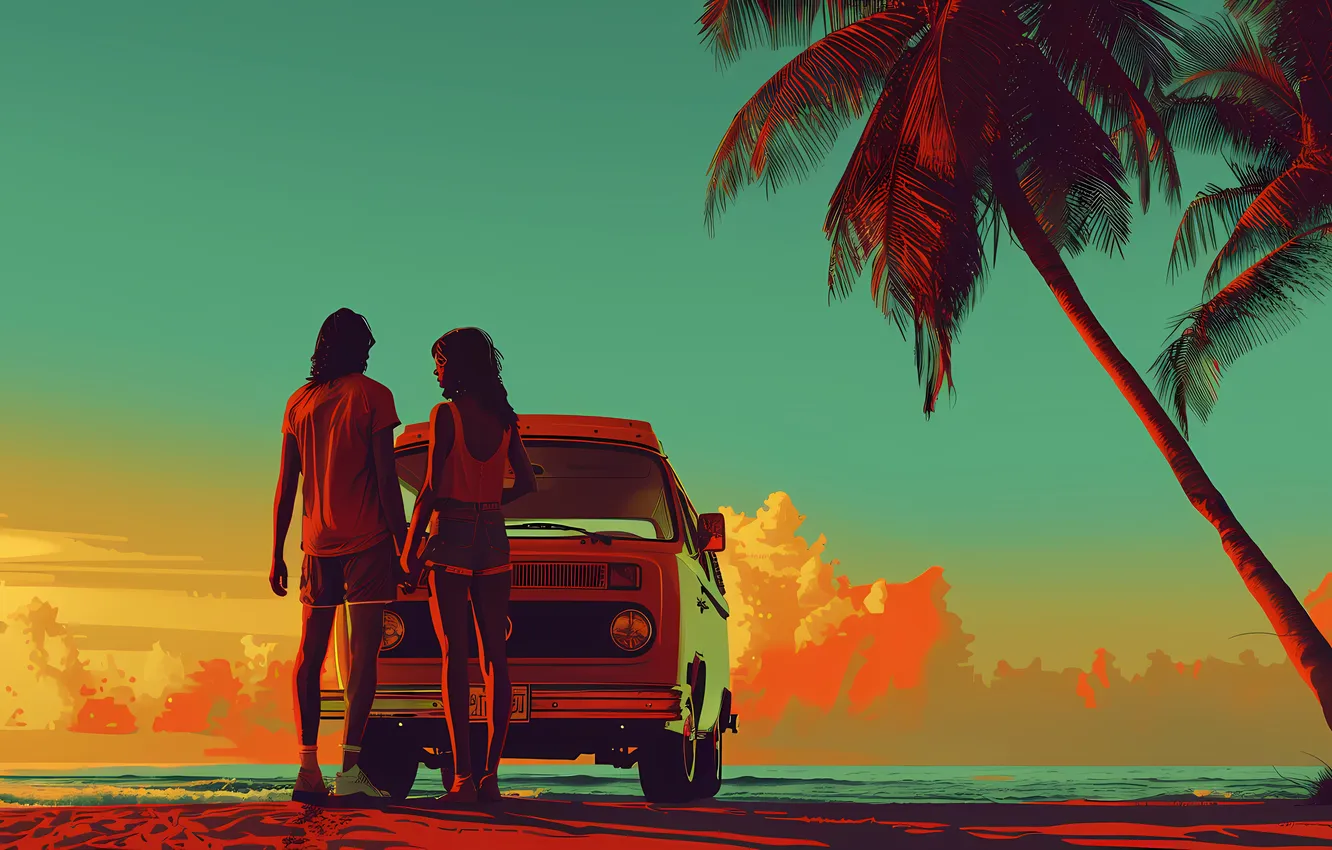 Photo wallpaper neural network, two, sea, clouds, retro, girl, palm trees, digital art