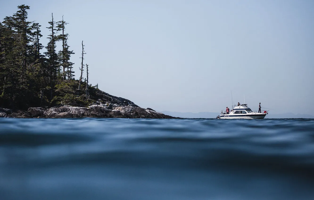 Photo wallpaper sea, coast, boat, fisherman, morning, haze, Canada, Digby Island