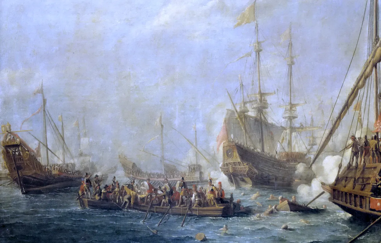 Photo wallpaper ship, picture, Gaspar van Eyck, Naval Battle between the Turks and the Maltese Knights