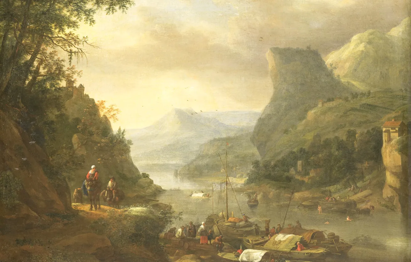Photo wallpaper landscape, oil, picture, canvas, Herman Saftleven, Herman Saftleven, 1685, The River view in a Mountainous …