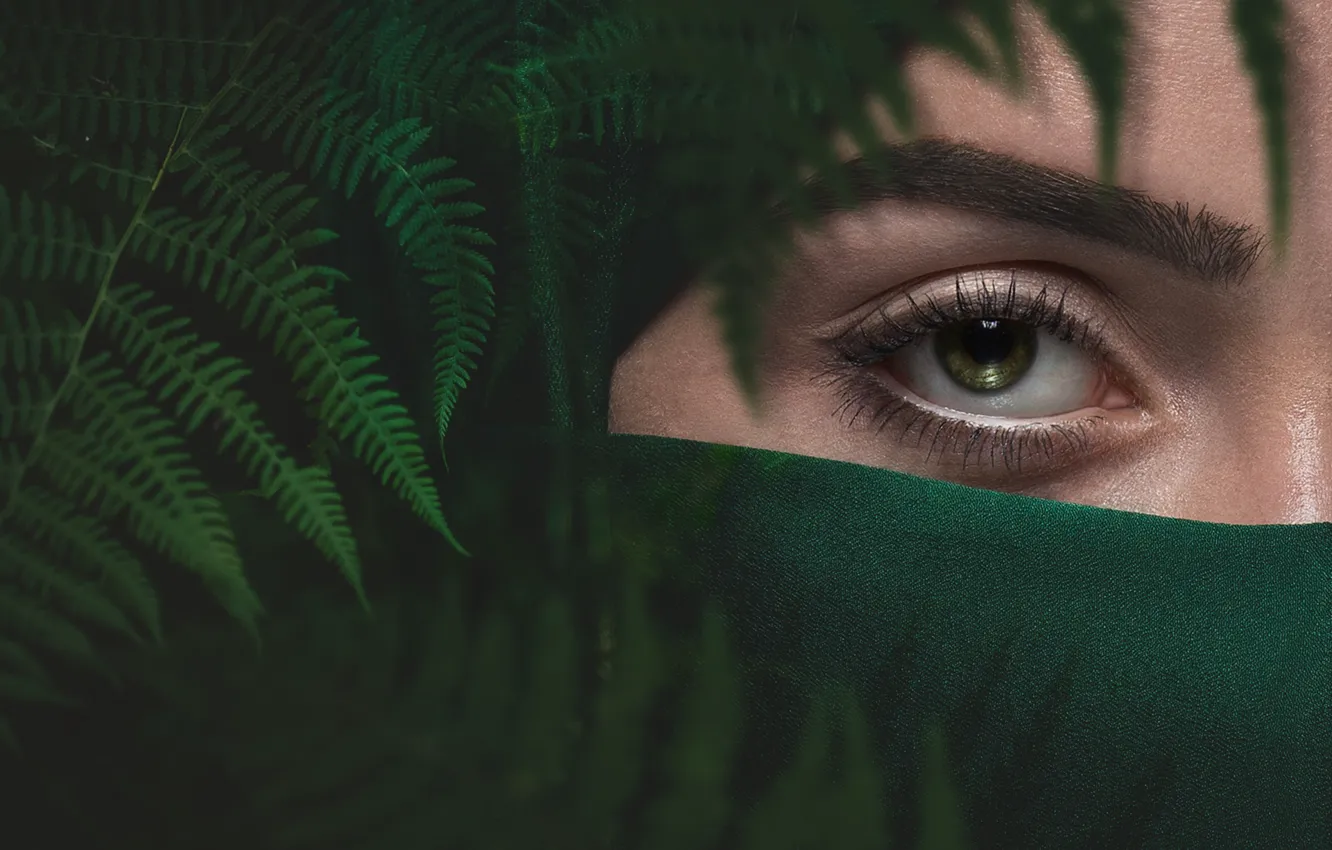 Photo wallpaper eyes, girl, green, eyebrows, fern