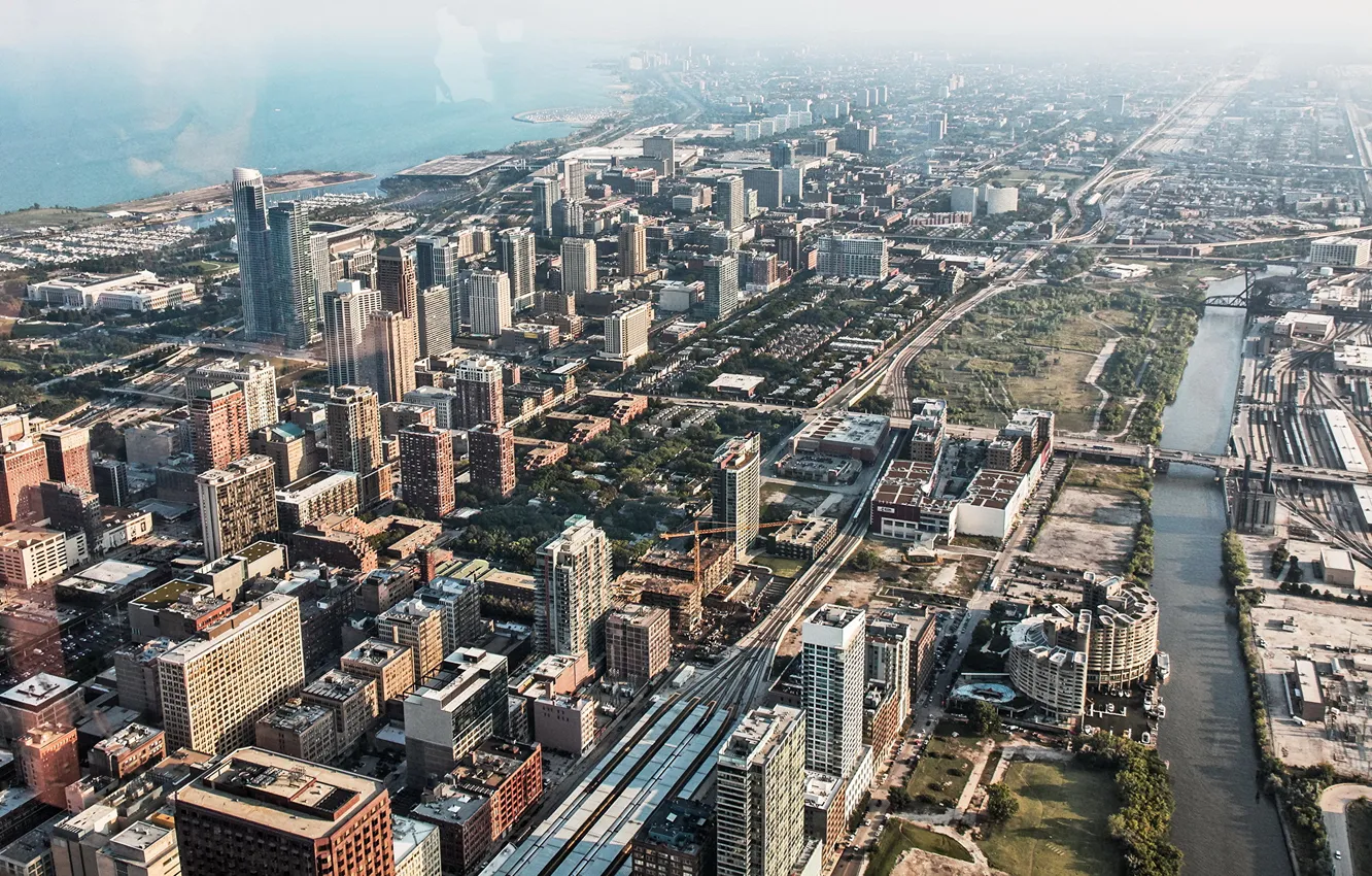 Photo wallpaper the sky, clouds, city, the city, river, building, road, horizon