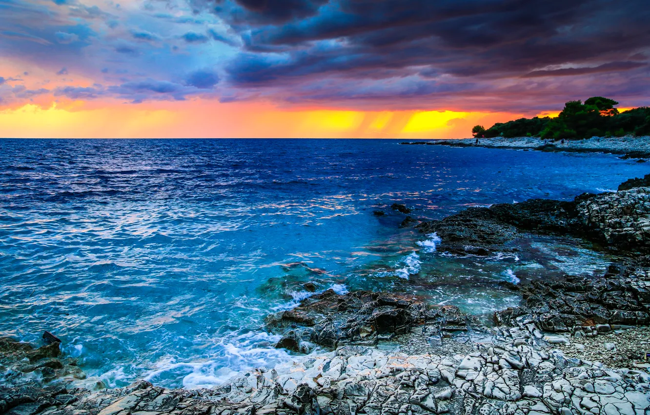 Photo wallpaper sea, the sky, clouds, sunset, stones, coast, horizon, Croatia