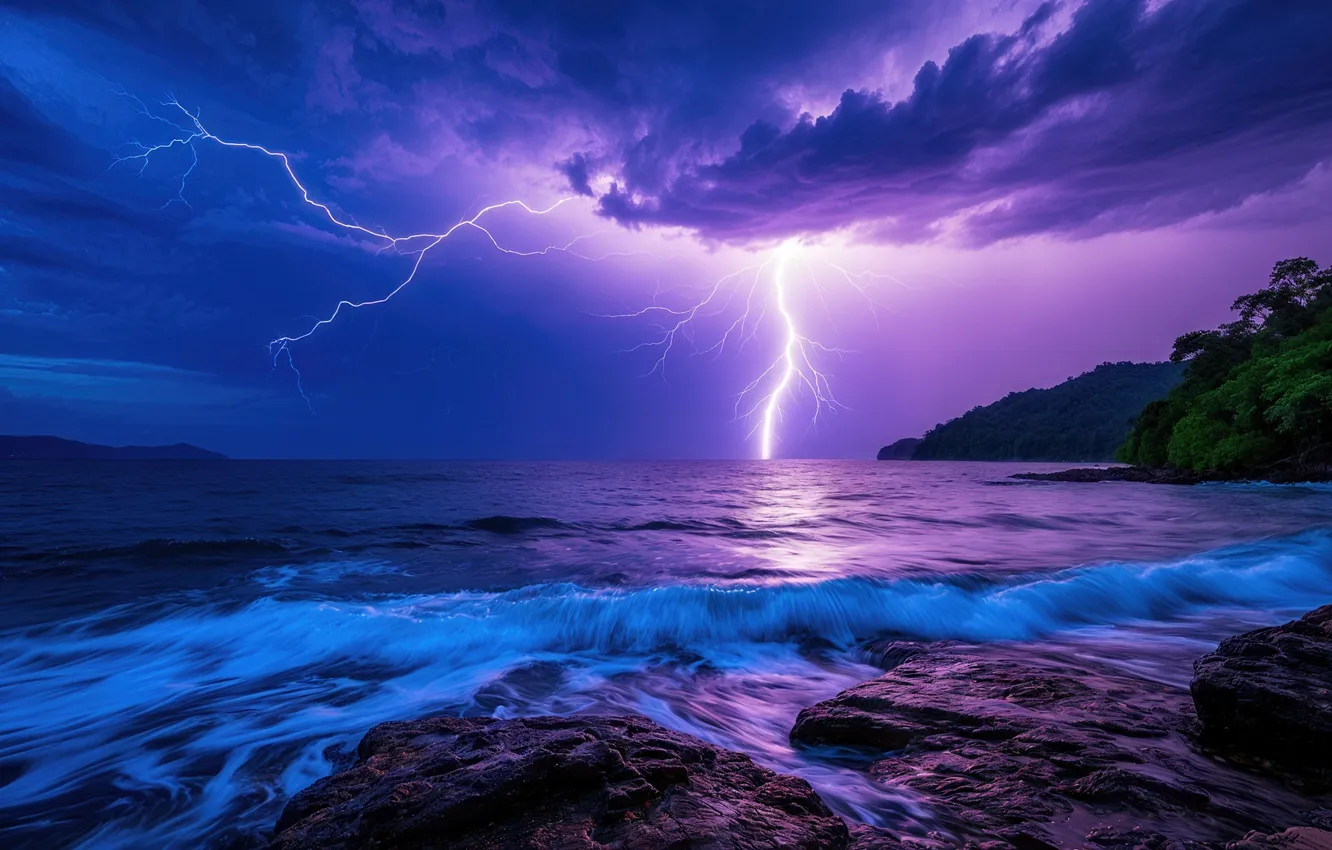 Photo wallpaper neural network, sea, the storm, lightning, night, AI art