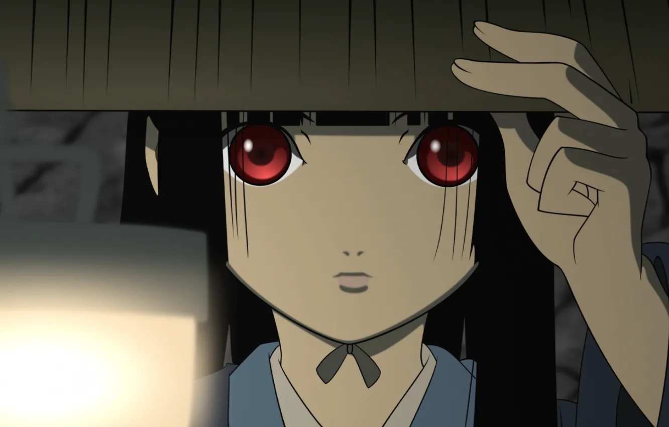 Photo wallpaper face, hand, hat, lantern, red eyes, Enma Ai, Jigoku Shoujo, Hell girl