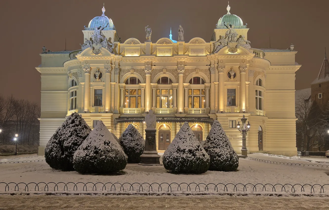 Photo wallpaper winter, lights, Poland, theatre, Krakow