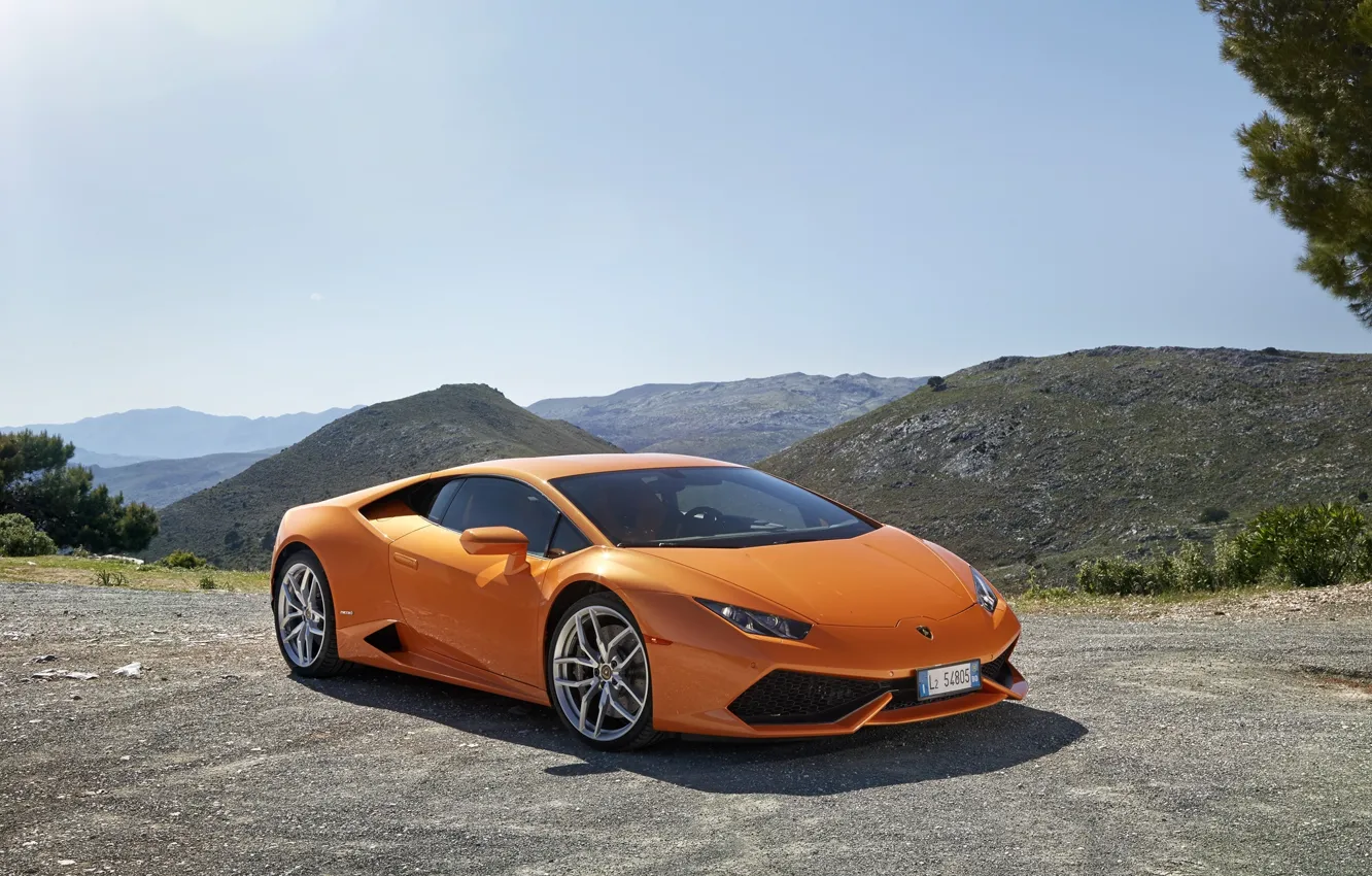 Photo wallpaper mountains, orange, Lamborghini, Huracan, LP 610