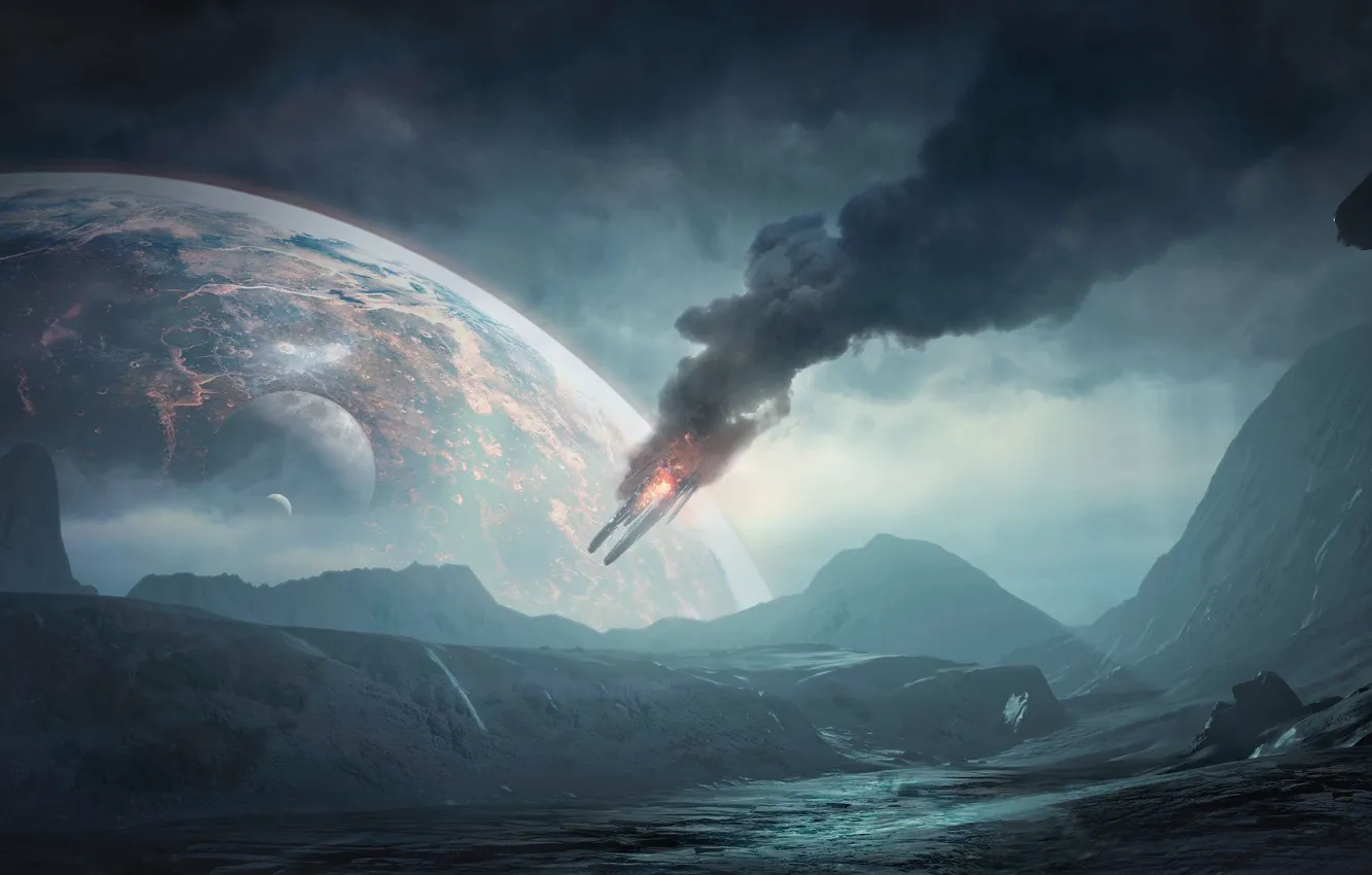Photo wallpaper Mountains, Smoke, Planet, Space, Earth, BioWare, Mass Effect, Electronic Arts