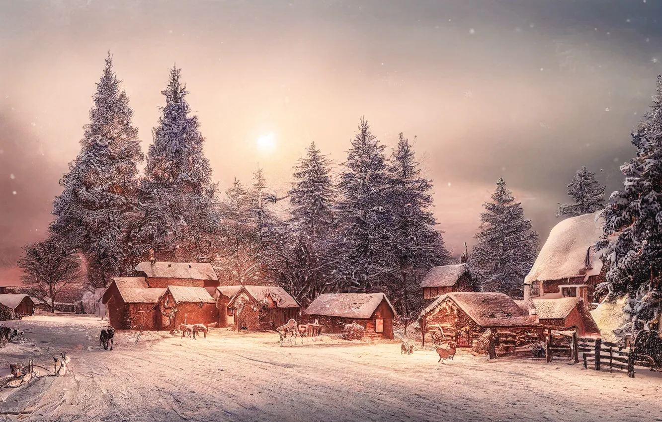 Photo wallpaper winter, frost, road, animals, the sun, light, snow, landscape