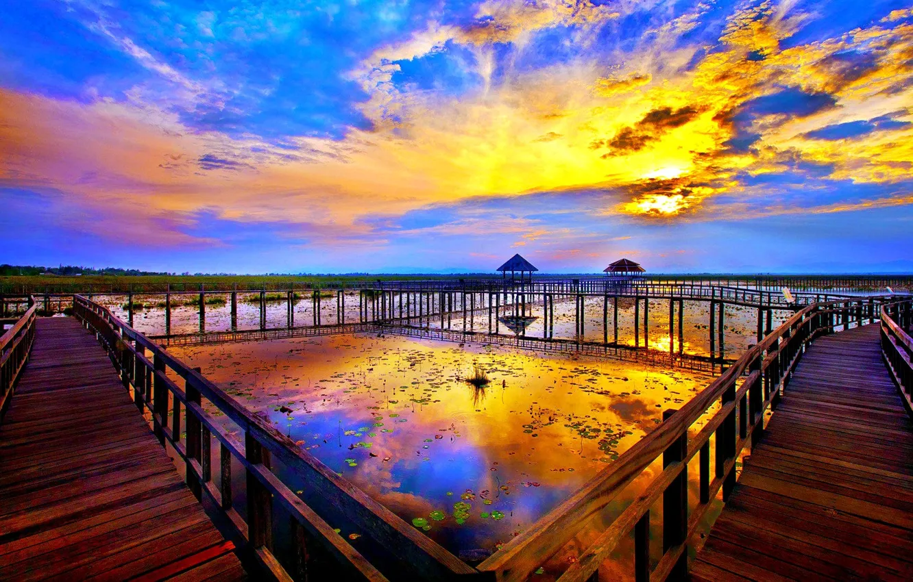 Photo wallpaper landscape, sunset, river, sunrise, the bridge