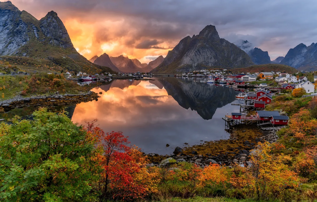 Photo wallpaper autumn, sunset, mountains, reflection, village, Norway, houses, Norway