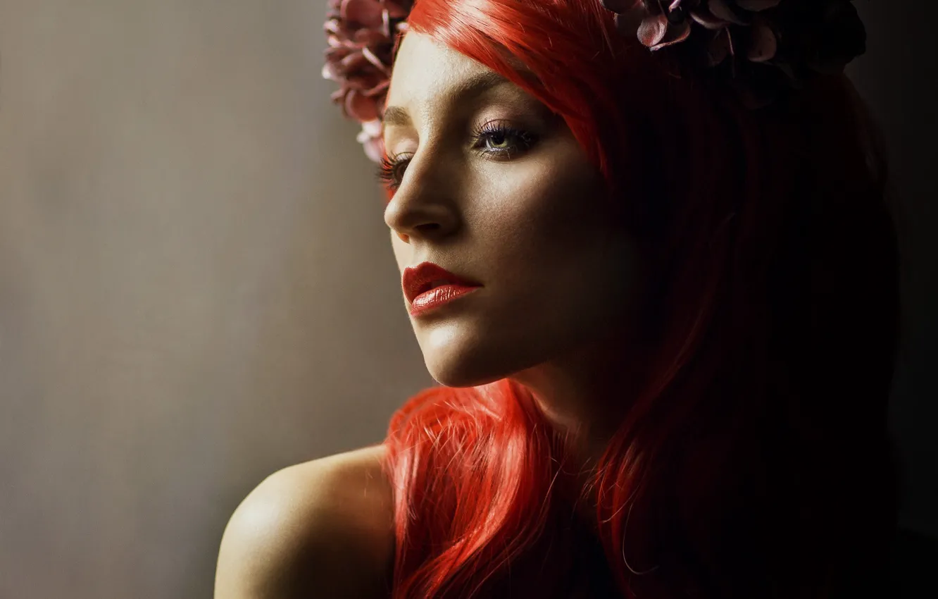 Photo wallpaper look, girl, flowers, face, portrait, red hair, Siegart from Schlichting